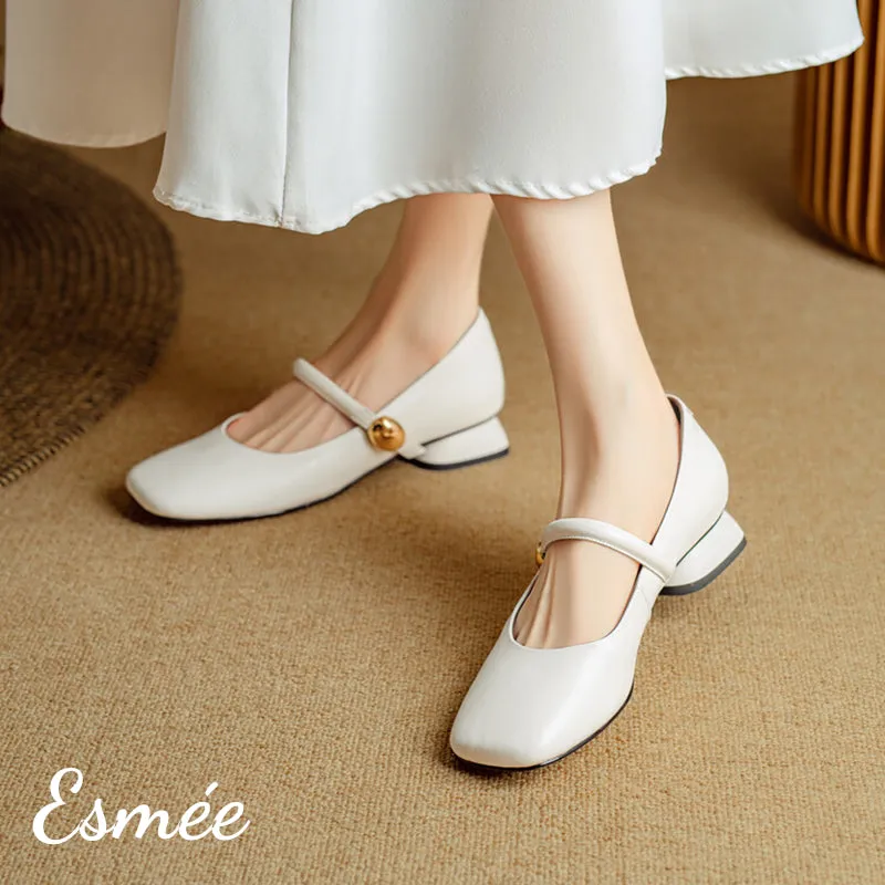 Leather Low Heel Maryjanes with Squared Toe Design