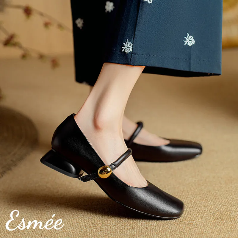 Leather Low Heel Maryjanes with Squared Toe Design